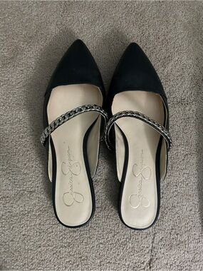 Jessica Simpson Black Pointed Slip-On Flats with Silver Chain